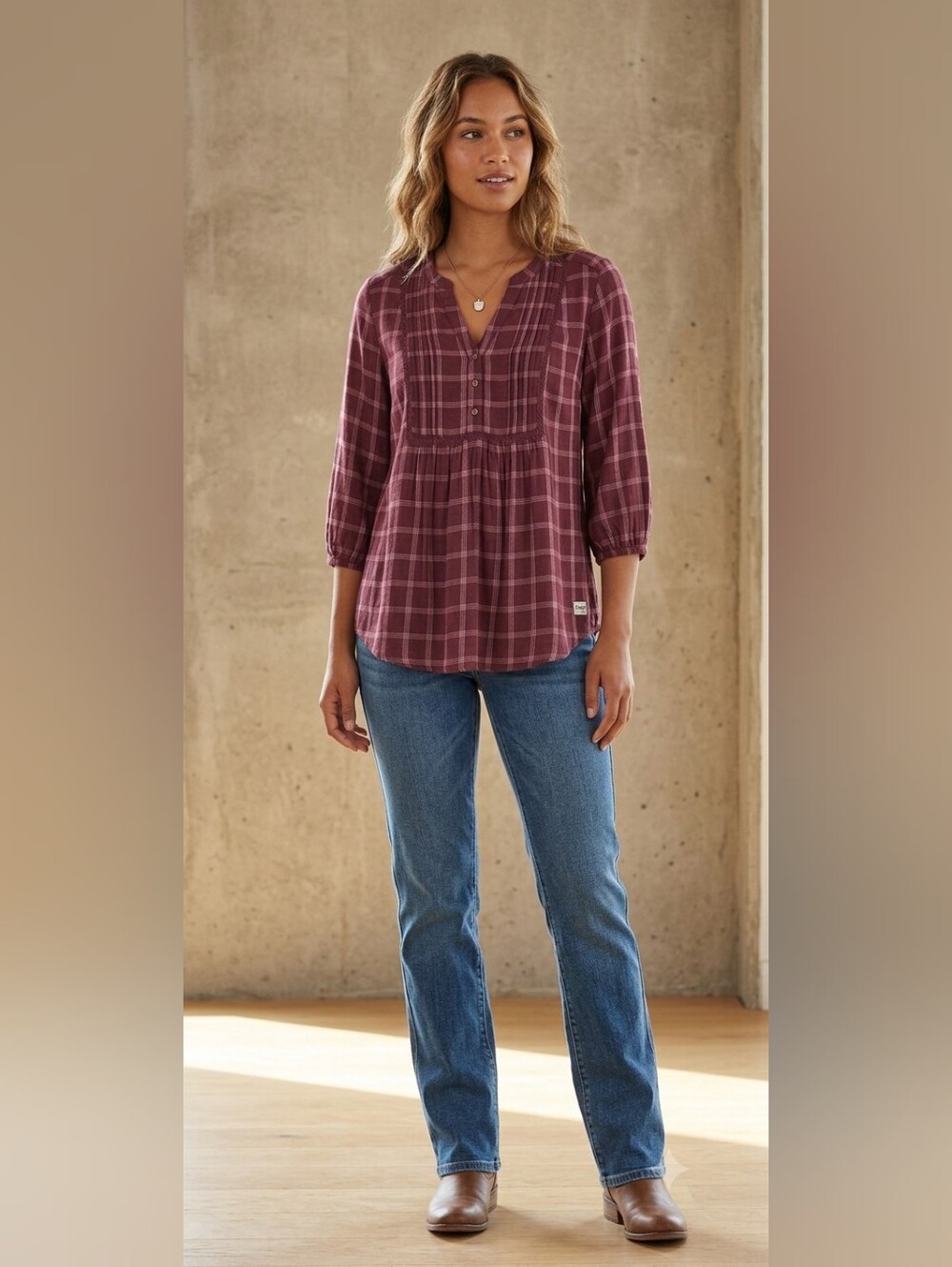 Wrangler Burgundy Plaid Split-Neck Peasant Blouse XS
